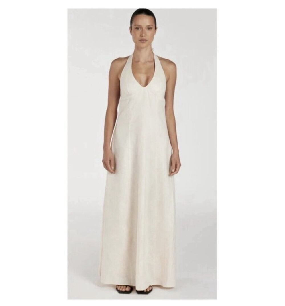 Dissh Natural Cream Beige Linen Minimalist Audrey Halter Maxi Dress US 6